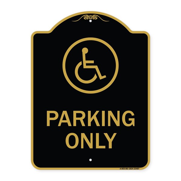 Parking With New Access Symbol, Black & Gold Aluminum Architectural Sign, 18" x 24", BG-1824-23407